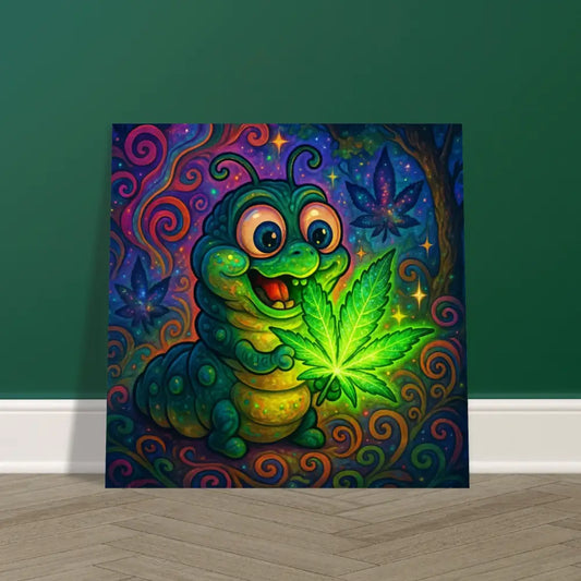 Cartoon caterpillar holding glowing marijuana leaf on psychedelic metal aluminum print