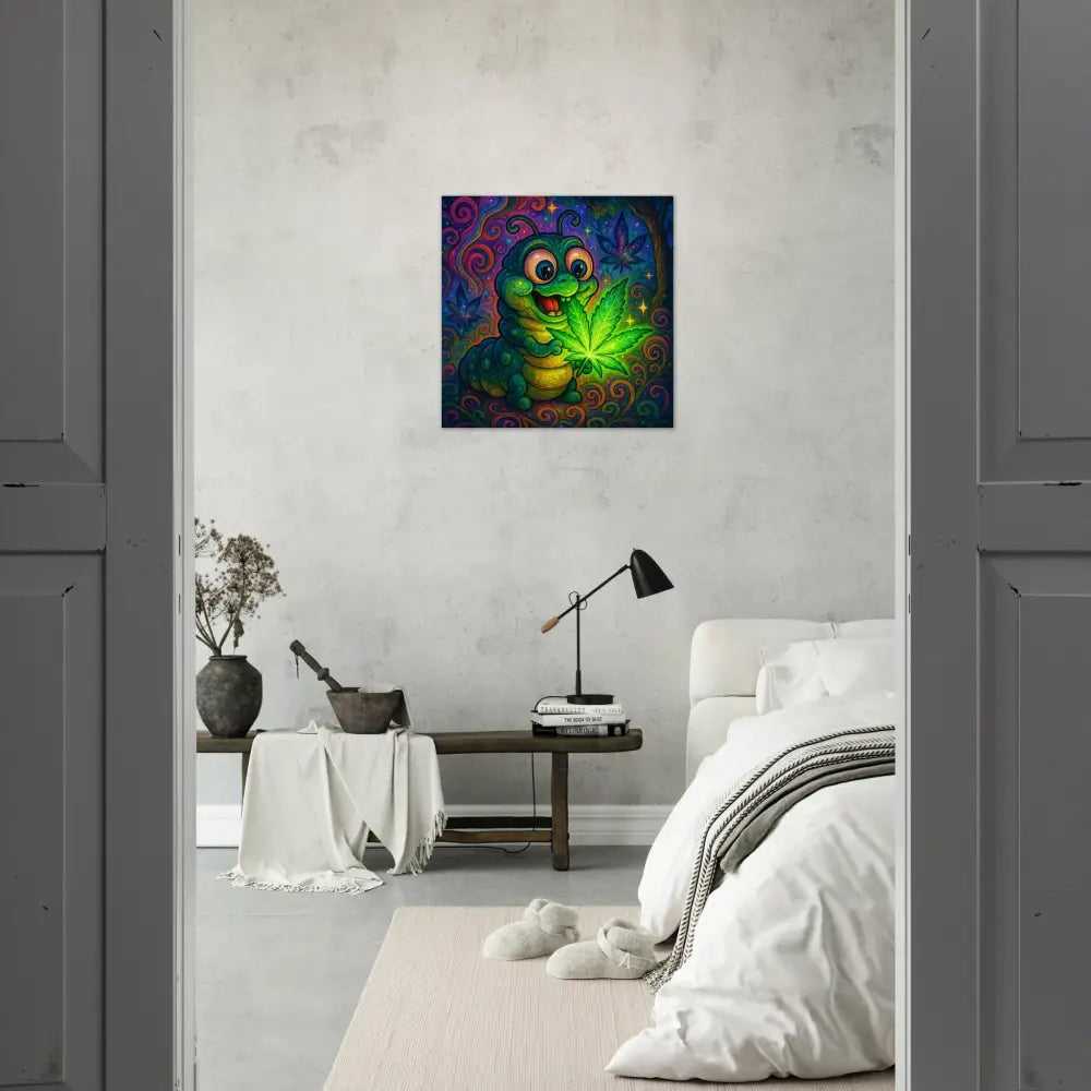 Cartoon caterpillar holding marijuana leaf on aluminum print Leaf Me Alone Psychedelic Creature