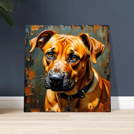 Vibrant tan dog portrait in distressed style, metallic print captures strength meets sentiment