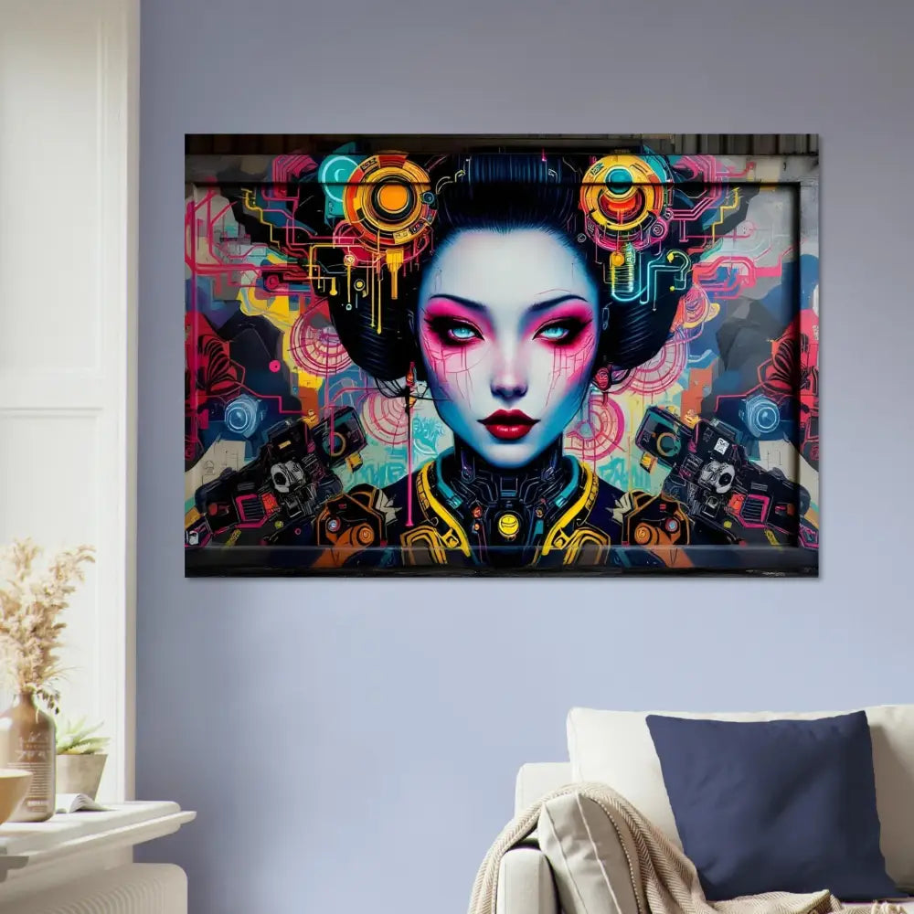 Cyberpunk Geisha artwork on Aluminum Print Mech Shrine Geisha urban circuit icon