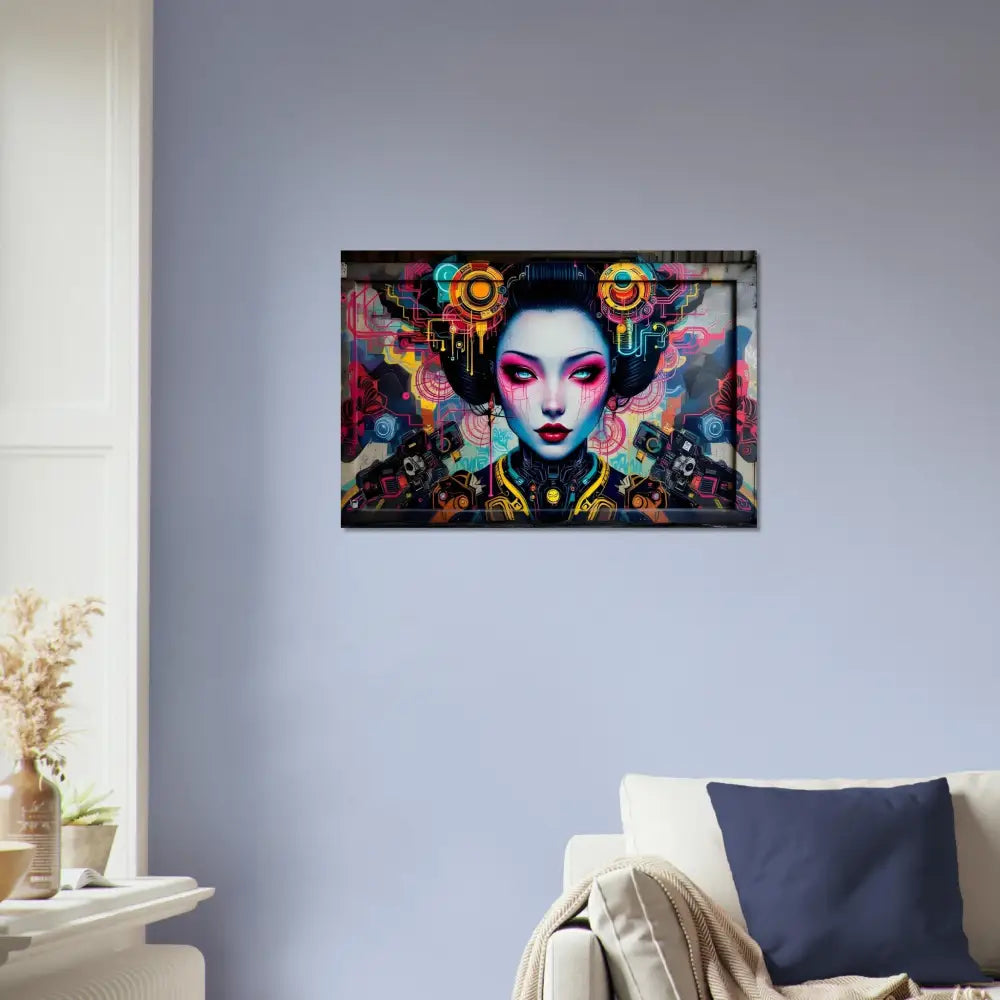 Framed cyberpunk geisha art on aluminum print for PixiOnyx Urban Circuit Icon product