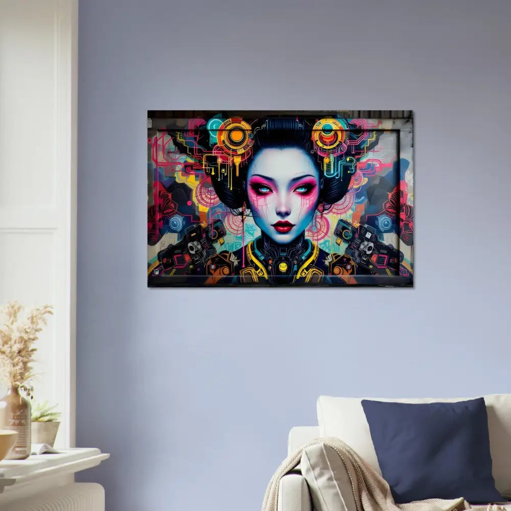 Framed cyberpunk Geisha art on Aluminum Print titled Mech Shrine Geisha by PixiOnyx Urban Circuit Icon