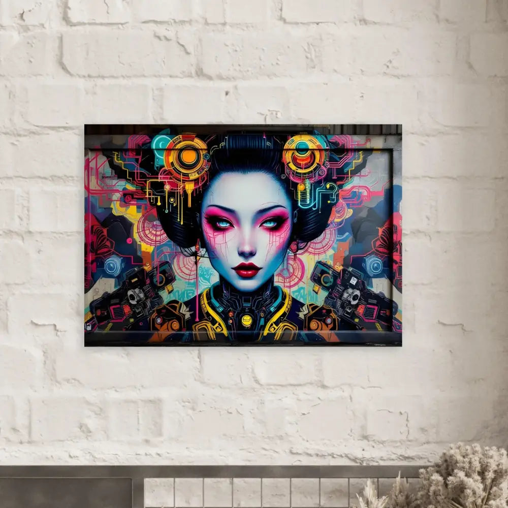 Cyberpunk geisha portrait on aluminum print titled Mech Shrine Geisha by PixiOnyx Urban Circuit Icon