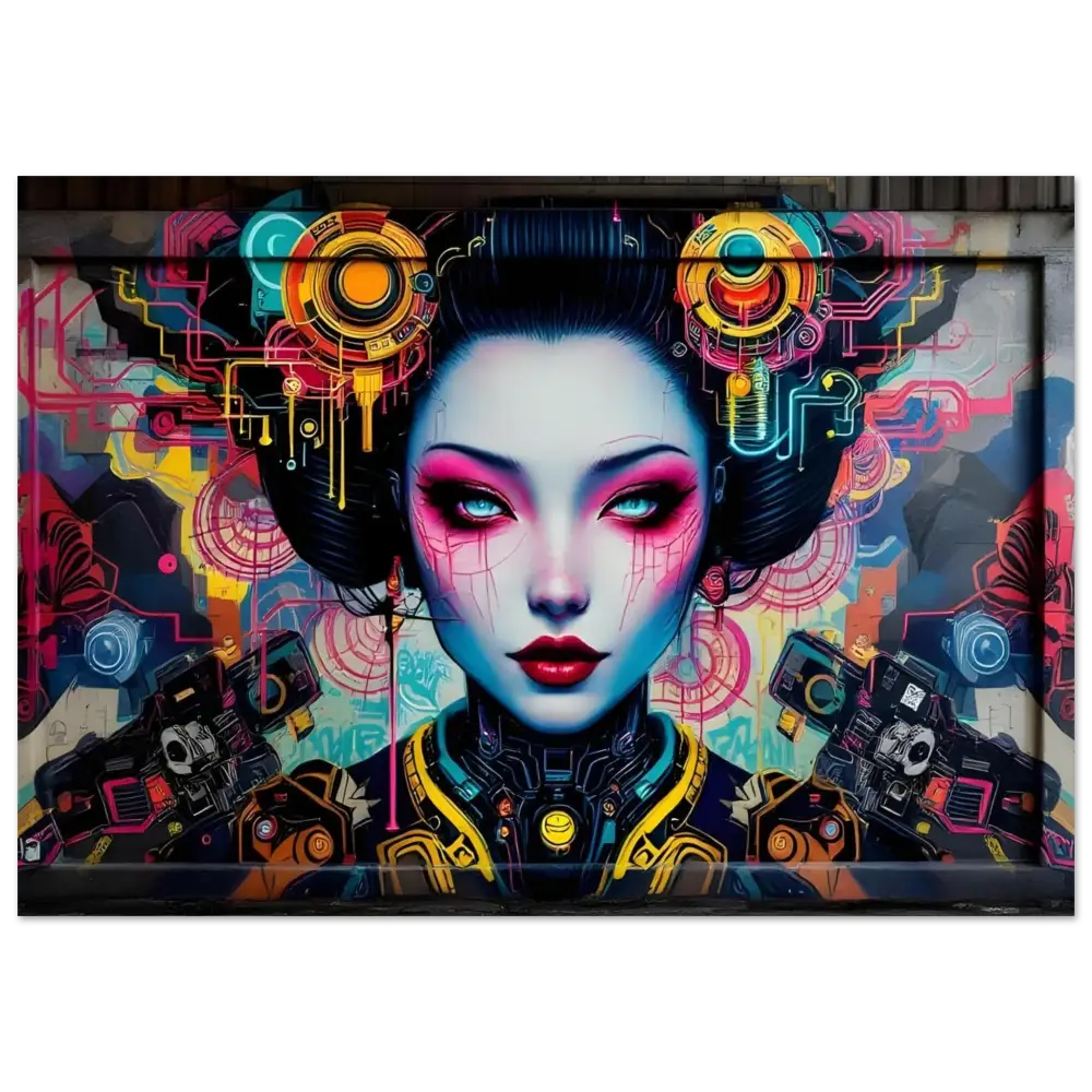 Cyberpunk Geisha mural on Aluminum Print Mech Shrine Geisha PixiOnyx Urban Circuit Icon