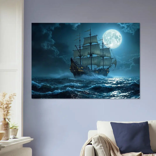 Aluminum Print Moonlit Galleon Painting showcasing a majestic moonlit maritime scene
