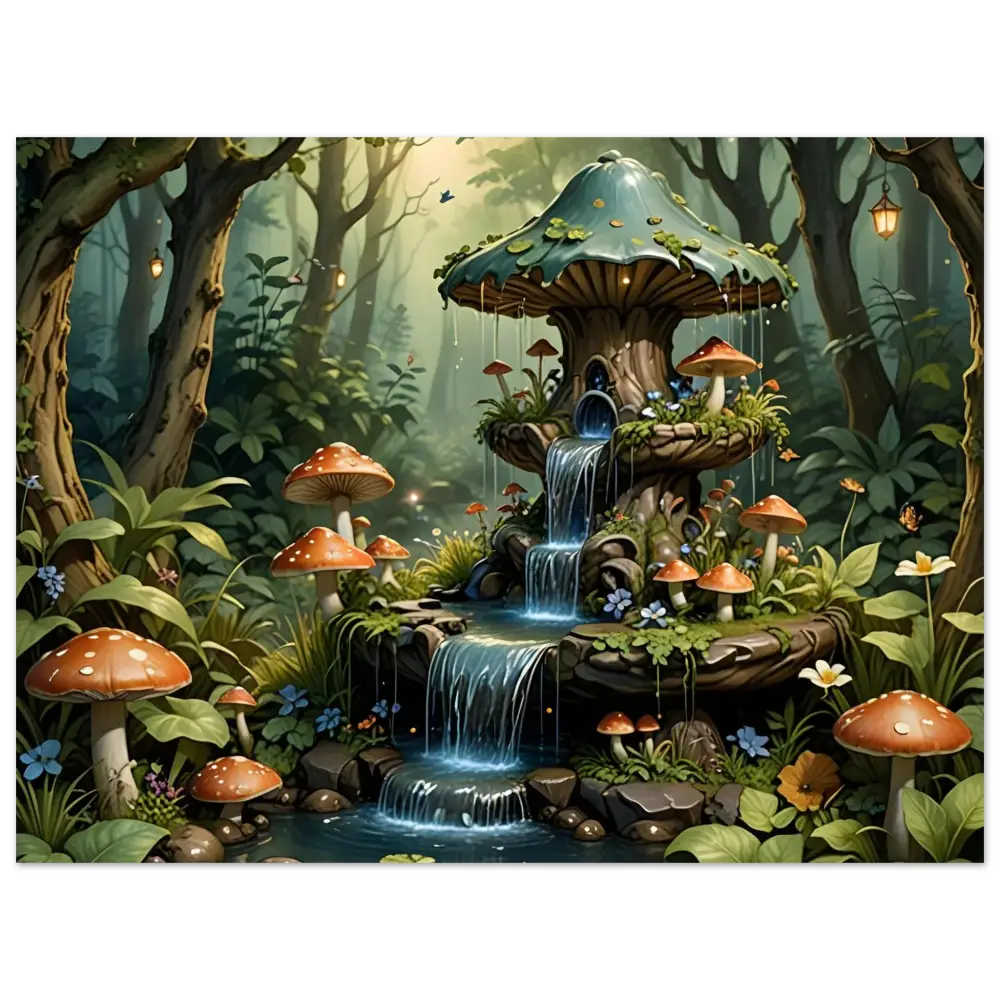 Enchanting mushroom fountain in a whimsical forest displayed on Aluminum Print – Mushroom Cascade Shrine
