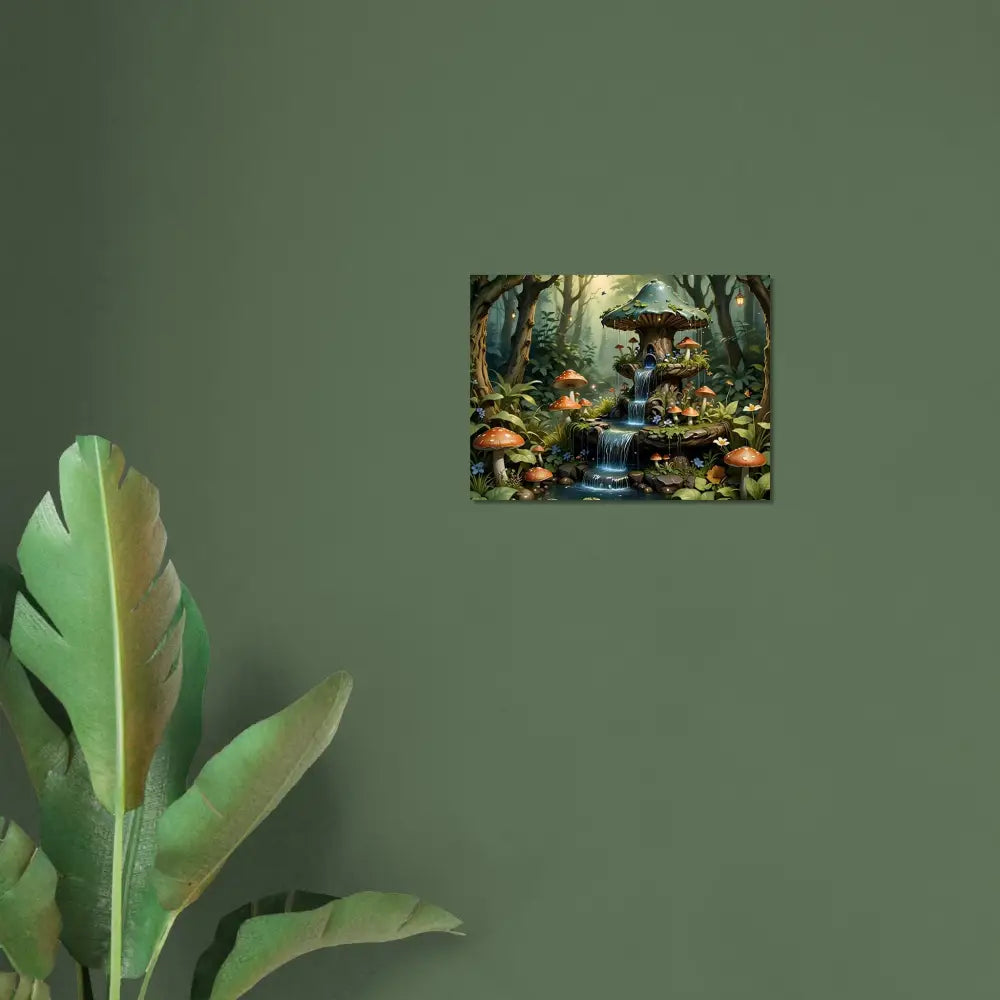 Enchanting mushroom forest waterfall showcased on Aluminum Print Mushroom Cascade Shrine by PixiOnyx