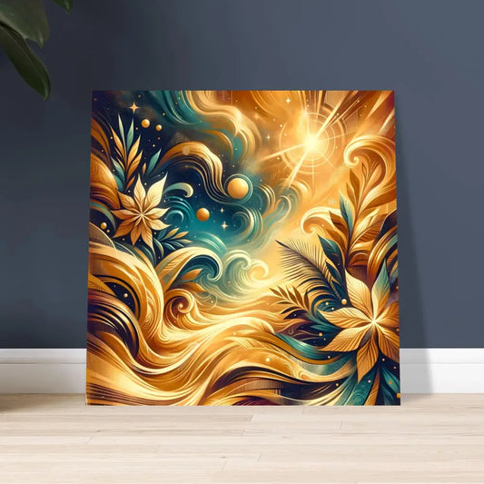 Abstract golden floral artwork on aluminum print for cosmic nature wall decor