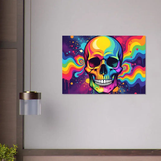 Colorful neon psychedelic skull artwork on aluminum print display by PixiOnyx