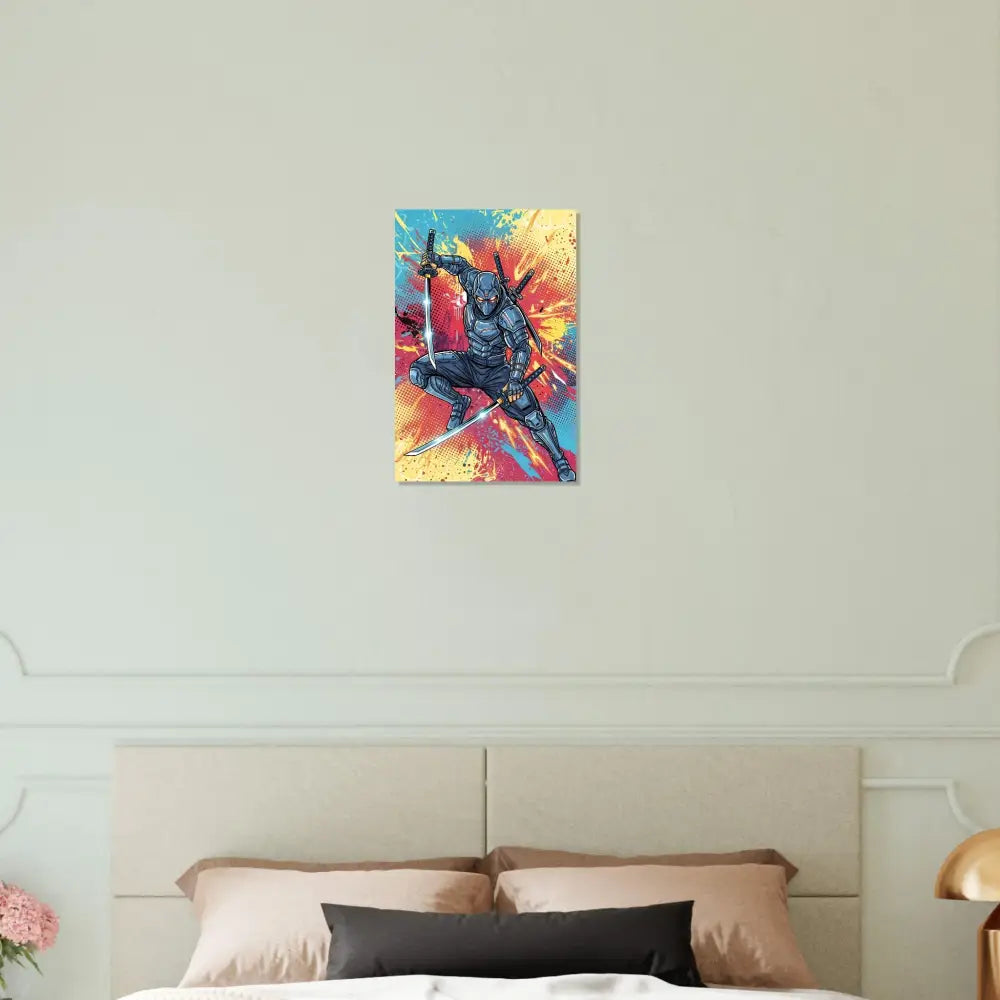 Ultra-modern aluminum print captures a masked ninja with swords on a colorful splattered background