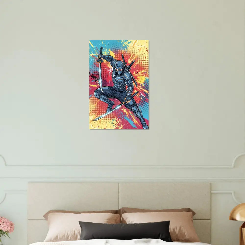 Vibrant ninja artwork aluminum print captures dynamic pose and colorful background