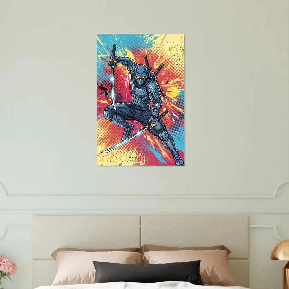 Colorful ninja warrior poster with glowing swords on ultra-modern aluminum print captures action art
