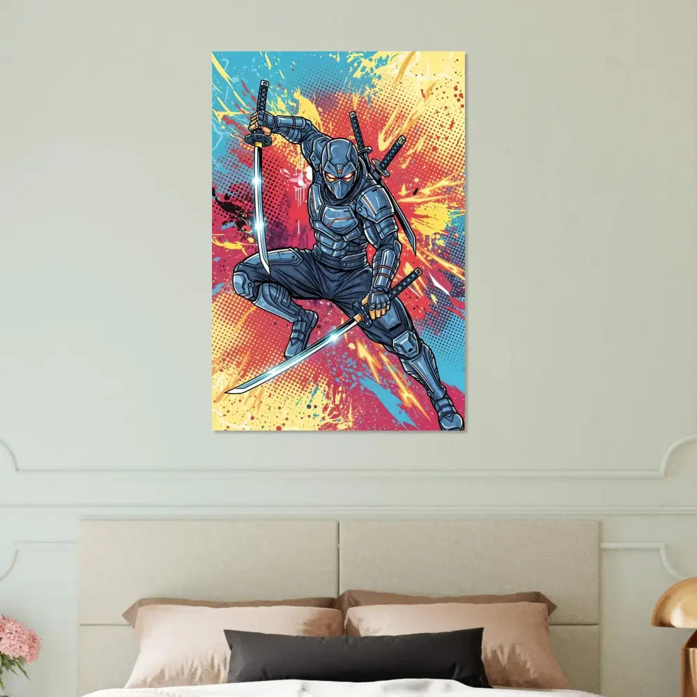 Ultra-modern aluminum print captures vibrant ninja artwork on a canvas for wall decor