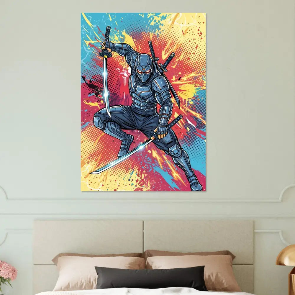 Ultra-modern aluminum print captures a colorful ninja poster with katanas in vibrant splattered background