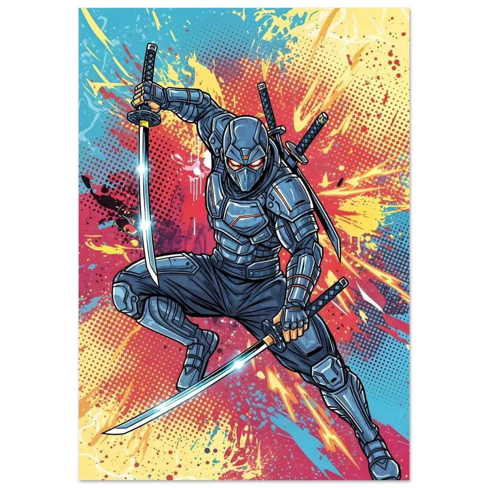 Aluminum print captures blue-armored ninja with katanas in vibrant splattered background