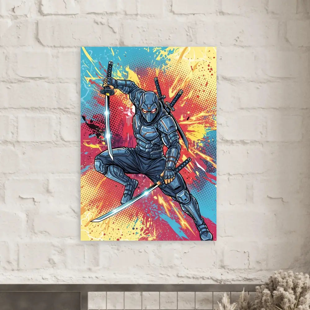 Ultra-modern aluminum print captures a dynamic ninja warrior with glowing katanas against vibrant splash paint background