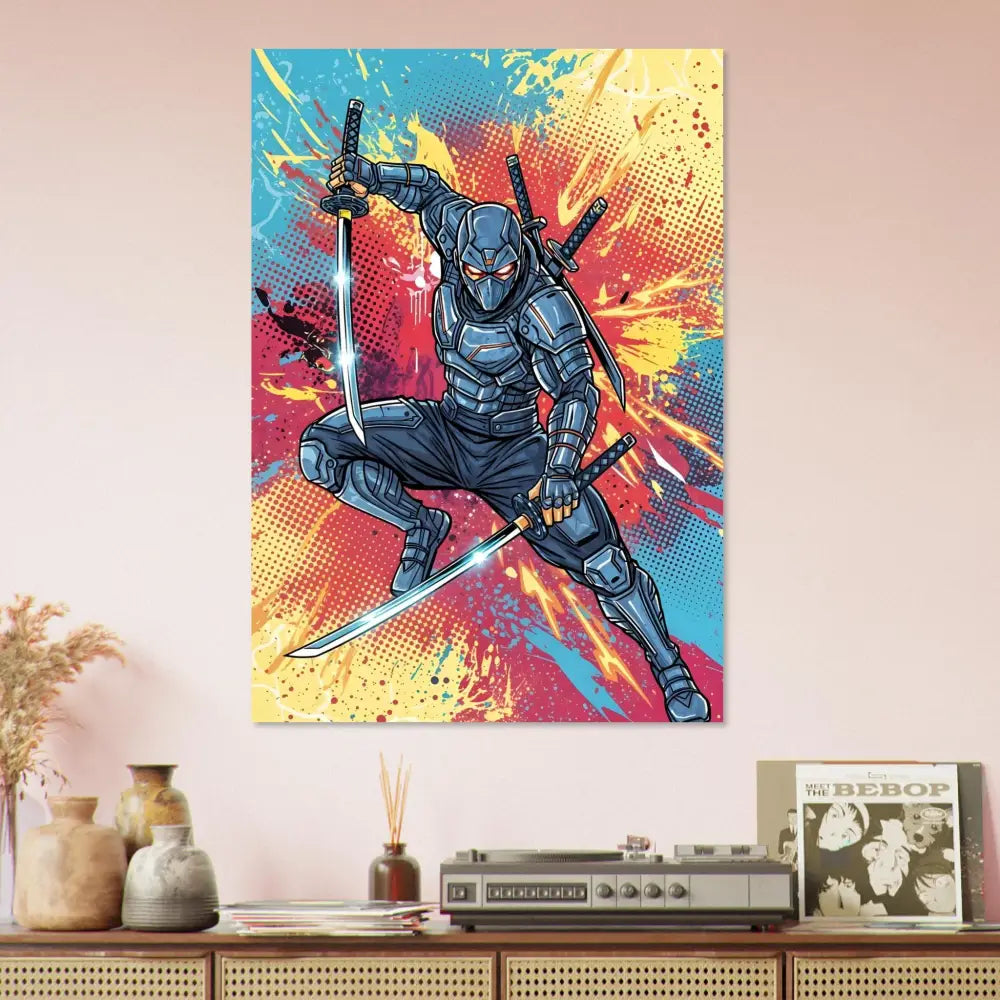 Aluminum print captures a ninja in a dynamic pose with katanas on a colorful background