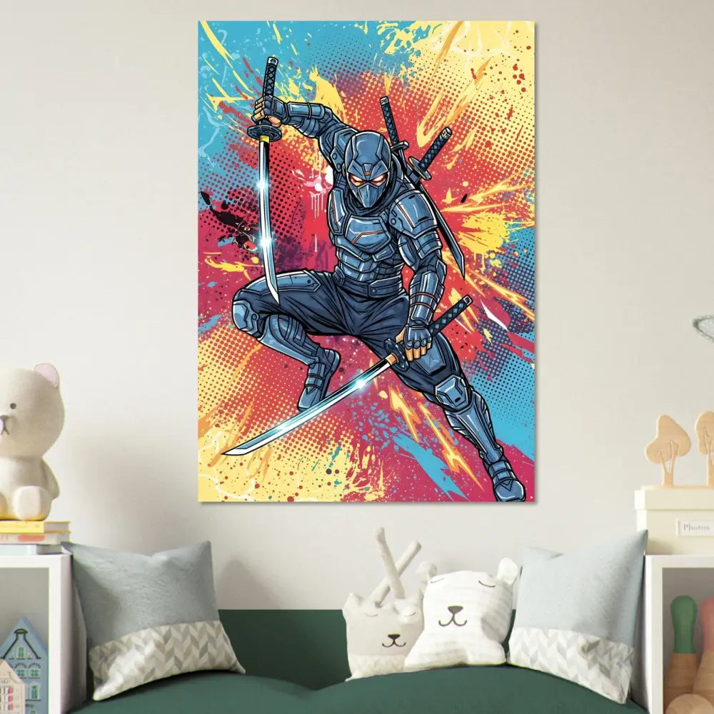 Vibrant aluminum print captures a ninja in action with two katanas in a modern design