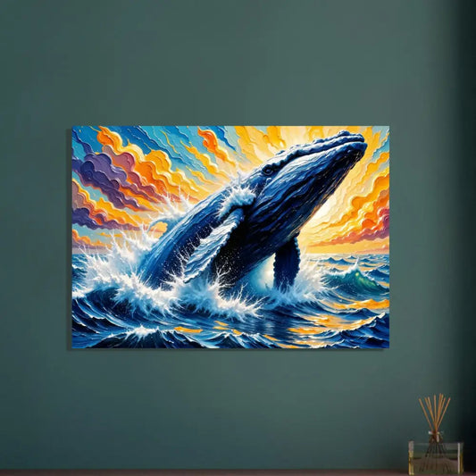 Vibrant whale breaching from ocean on Ocean King aluminum print, perfect floating wall mount