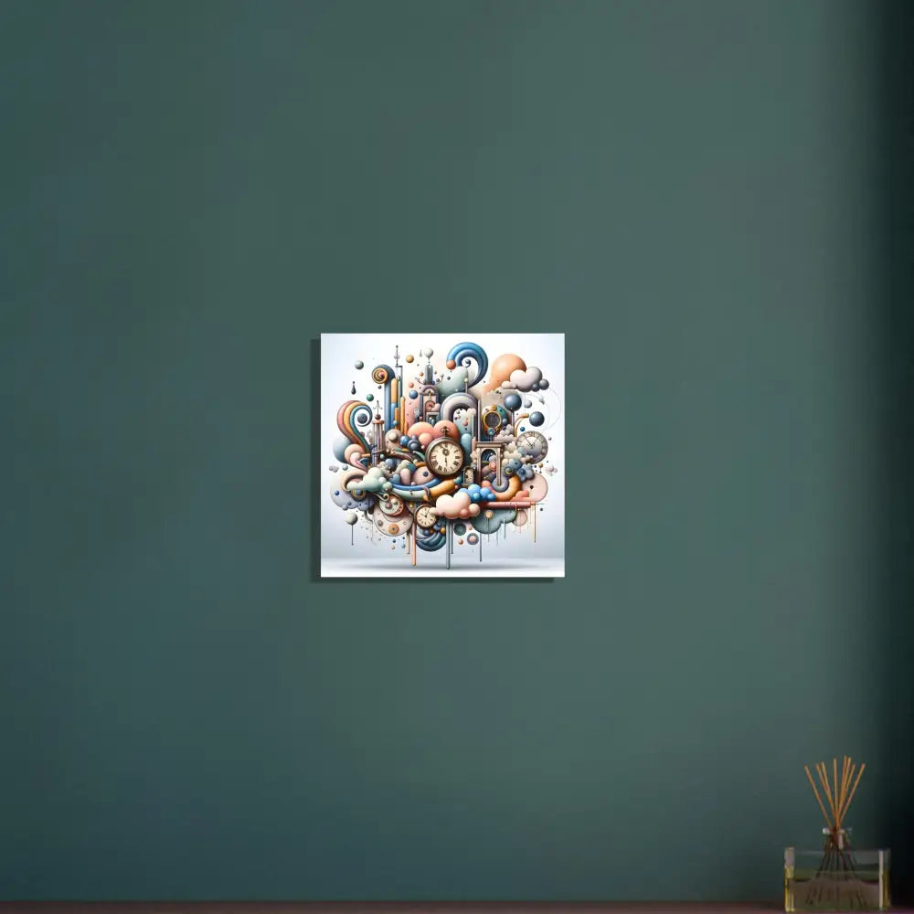 Whimsical clockwork cityscape displayed on PixiOnyx Ultra-Modern Surreal Aluminum Print