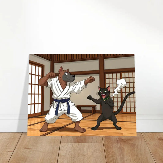Cartoon dog and cat karate match on Aluminum Print Paws of Fury Martial Mayhem