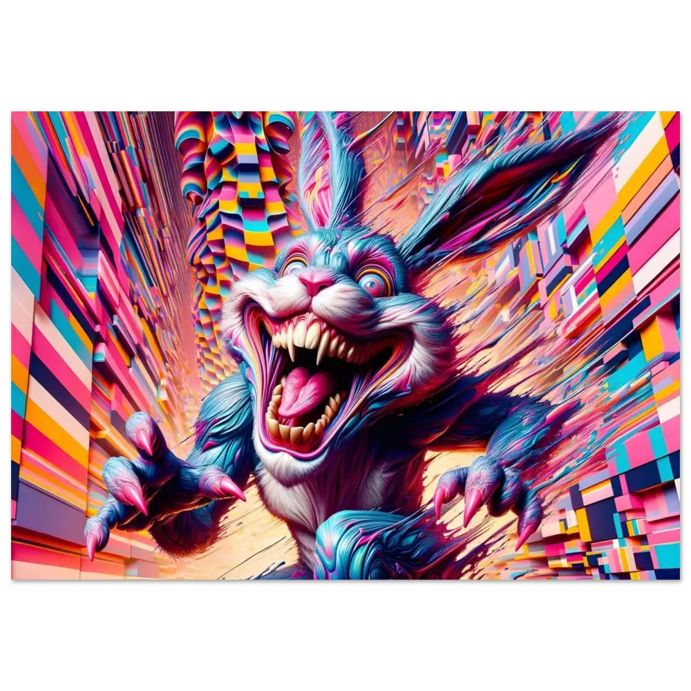 Colorful nightmarish rabbit creature aluminum print from Pixel Panic Psycho Cottontail Quartet