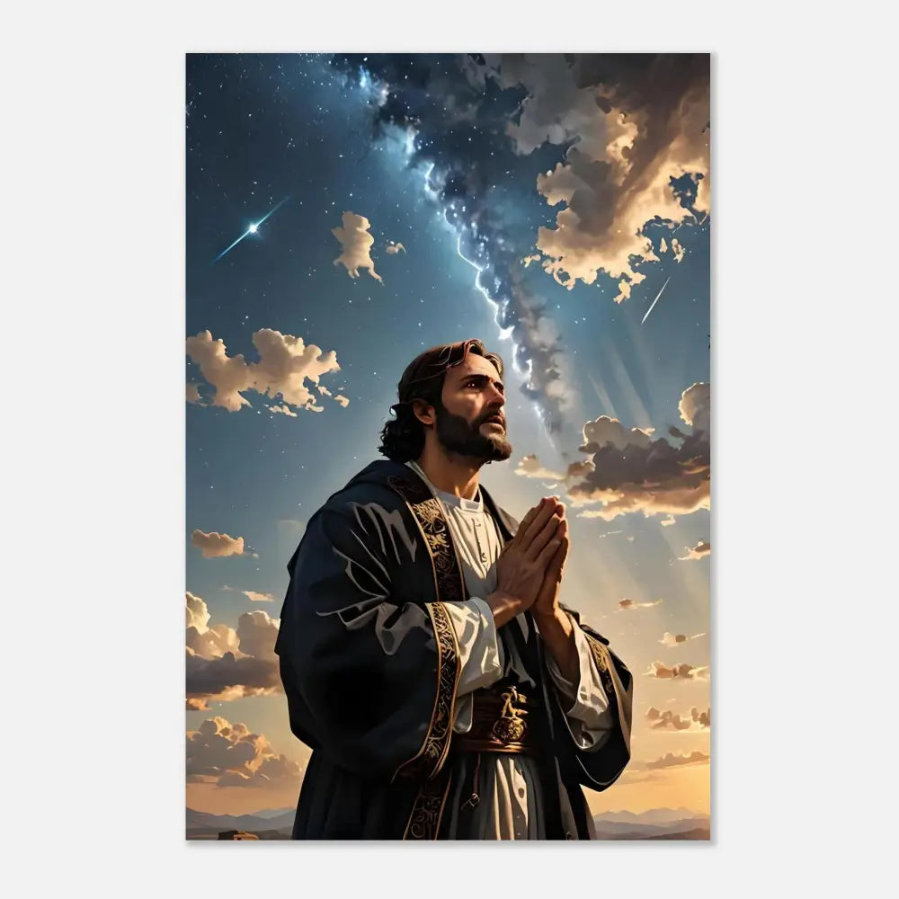 Man praying under celestial sky aluminum print Prayer to the Cosmos PixiOnyx