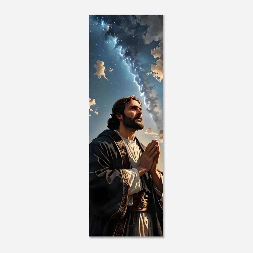 Man praying under a celestial sky printed on Aluminum Print Prayer to the Cosmos PixiOnyx