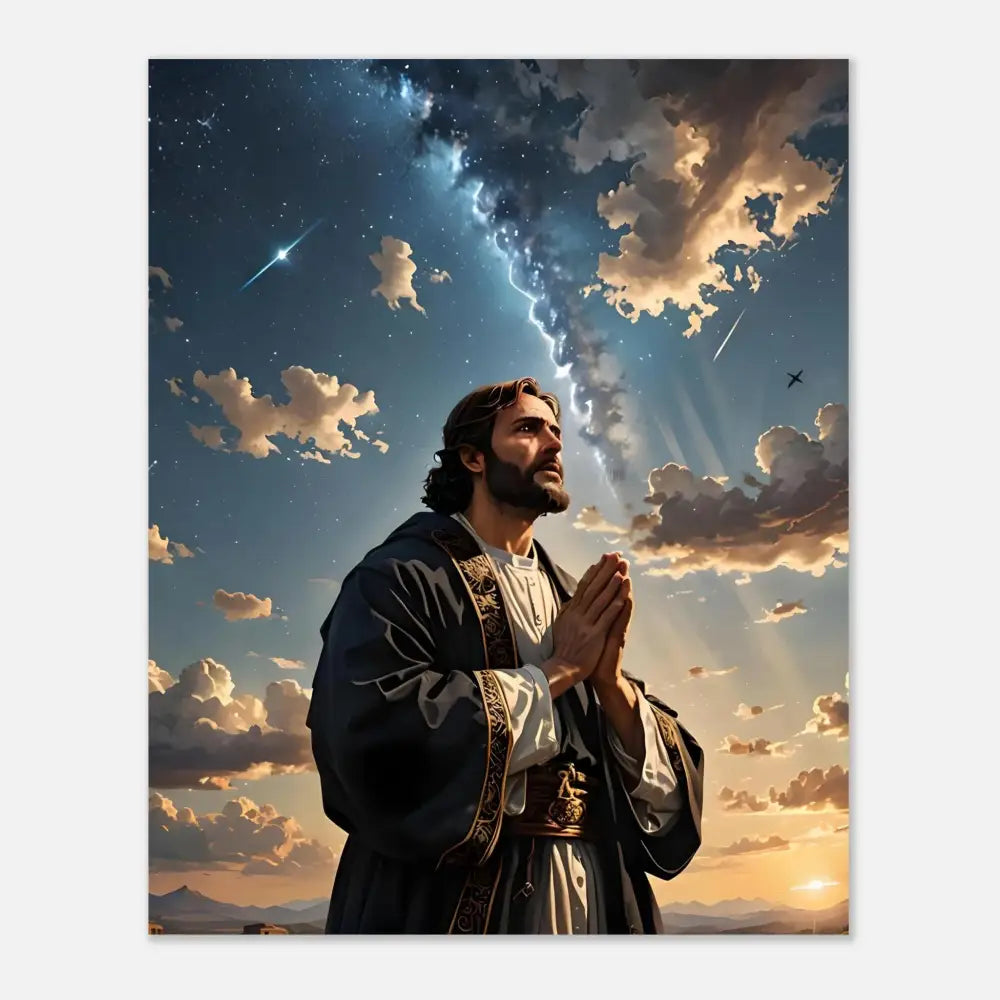 Man praying under a dramatic sky displayed on Aluminum Print titled Prayer to the Cosmos PixiOnyx