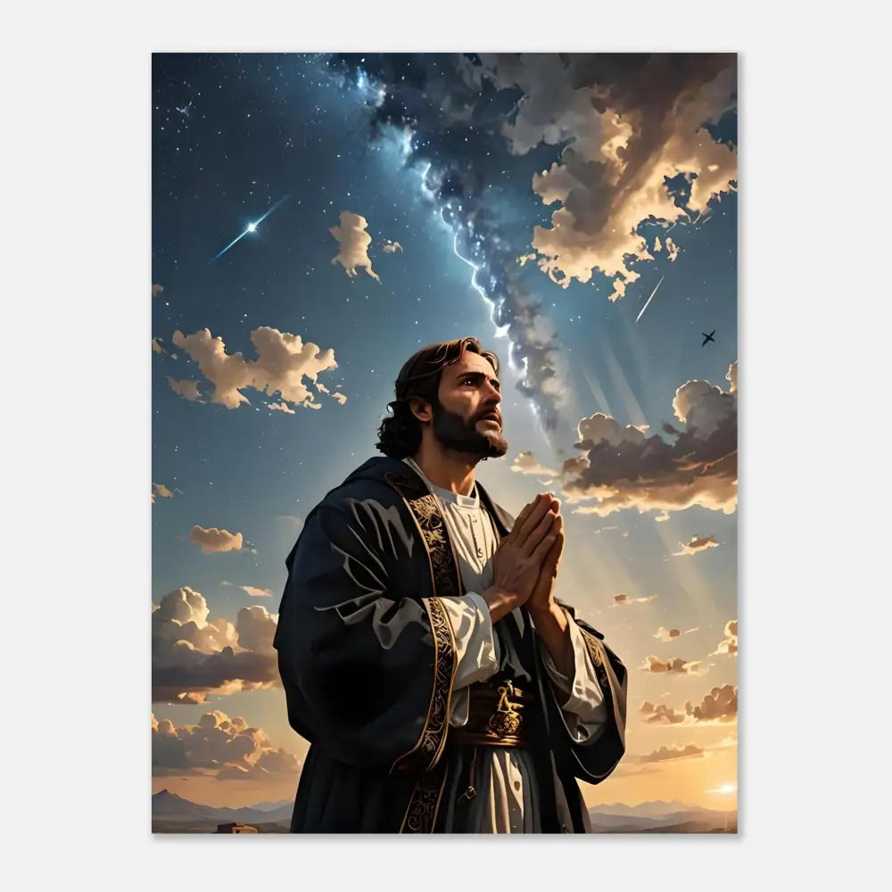 Man praying under a dramatic sky on Aluminum Print Prayer to the Cosmos PixiOnyx