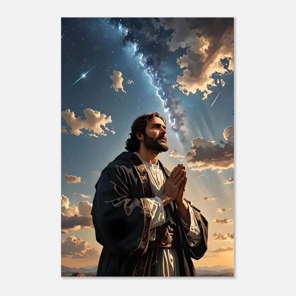 Man praying under a celestial sky aluminum print titled Prayer to the Cosmos by PixiOnyx