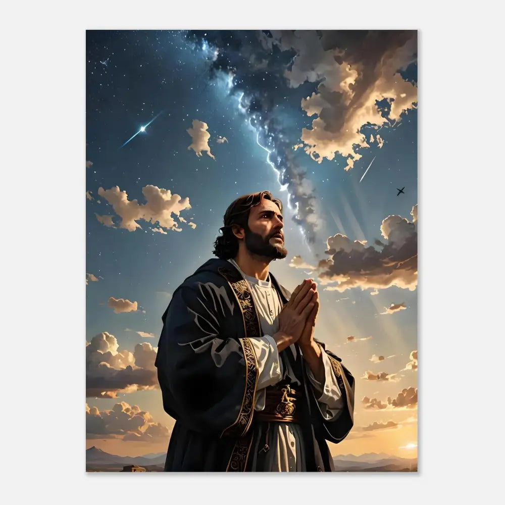 Man praying under a dramatic sky Aluminum Print Prayer to the Cosmos PixiOnyx