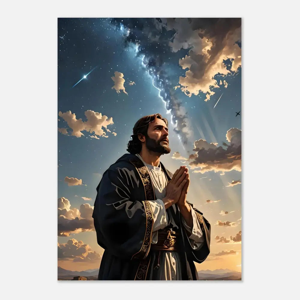 Man praying under a celestial sky Aluminum Print Prayer to the Cosmos PixiOnyx