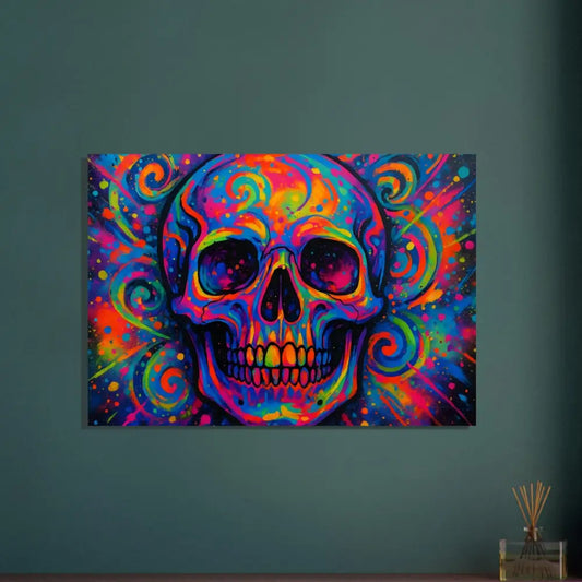 Colorful skull artwork aluminum print titled Psychedelic Skull Eruption by PixiOnyx Metal Cosmos