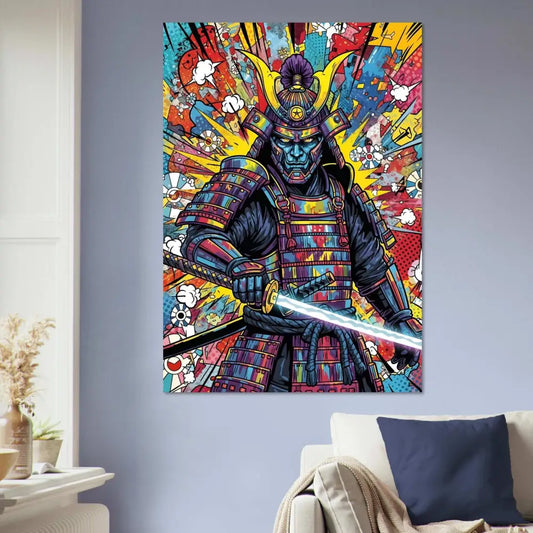 Vibrant pop art samurai splash wall art with glowing katana in luminous color durable finish