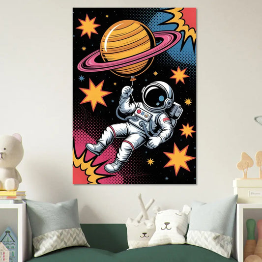 Pop art astronaut floats with planet-shaped balloon on brushed aluminum with rich UV color