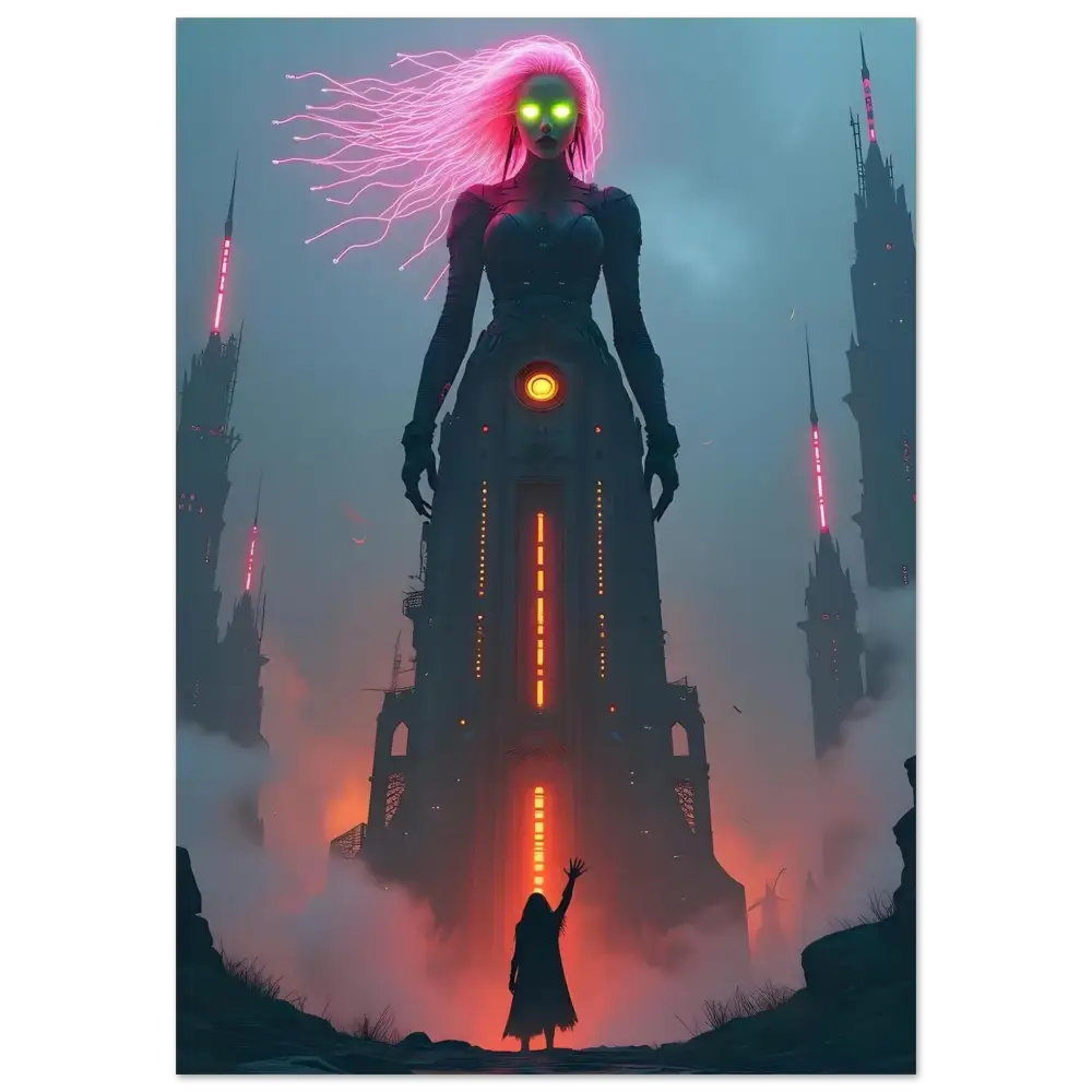 Aluminum Print Sci-fi Fairytale PixiOnyx Vivid Metal Realm Featuring Towering Cyborg Goddess with Glowing Eyes