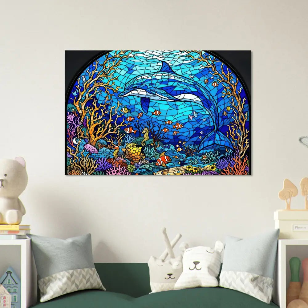 Stained glass dolphin artwork on Aluminum Print Sea Cathedral PixiOnyx Oceanlight Relic