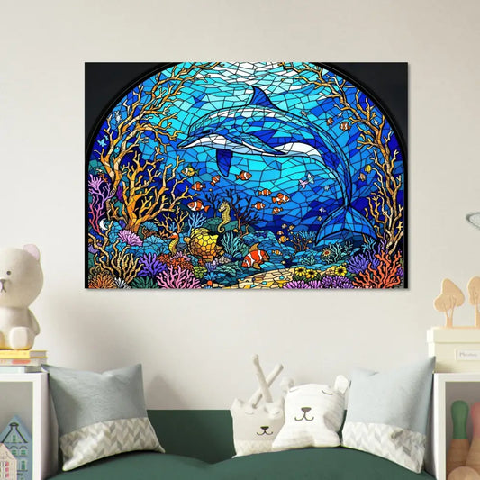 Dolphin stained-glass artwork on Aluminum Print Sea Cathedral PixiOnyx Oceanlight Relic