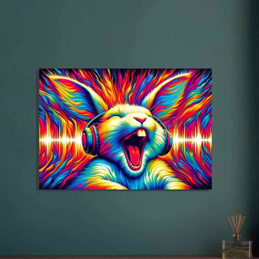 Colorful rabbit art with headphones on Aluminum Print Sonic Scream PixiOnyx Metal Echo Edition