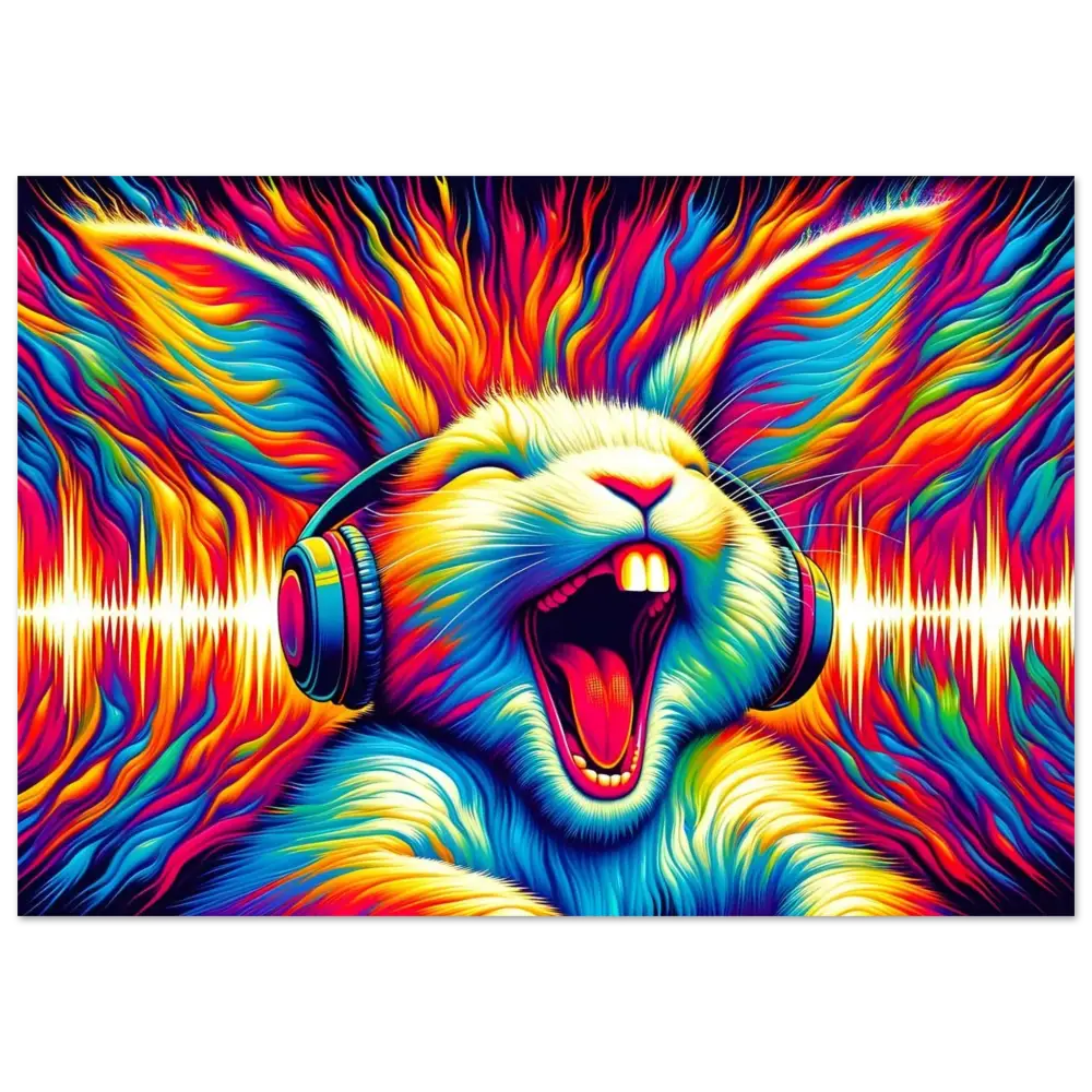 Colorful psychedelic rabbit with headphones on PixiOnyx Metal Echo Edition Aluminum Print
