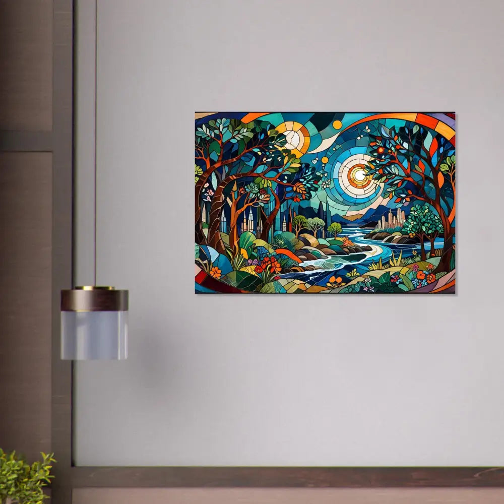 Stained-glass style landscape painting on Aluminum Print from PixiOnyx Lumensteel Series