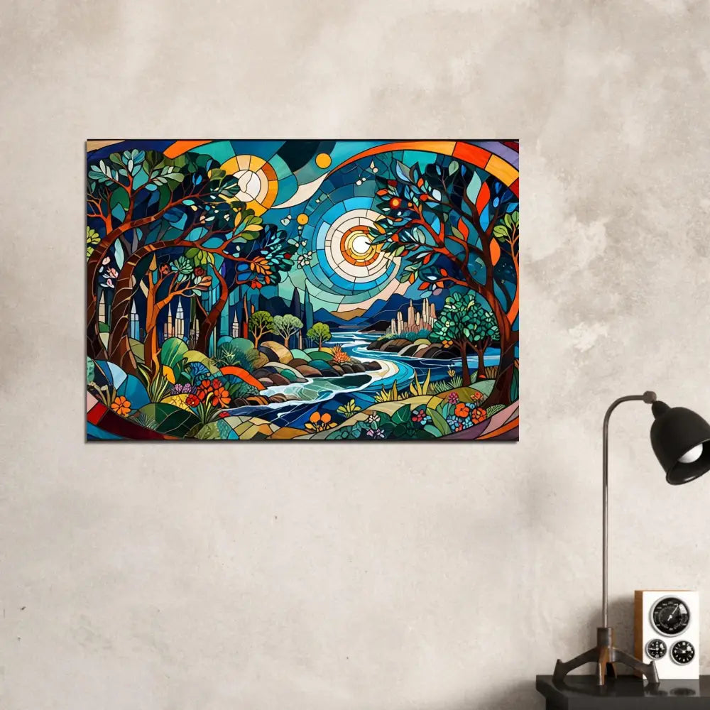 Colorful stained-glass landscape artwork on Aluminum Print Stained Horizon PixiOnyx series