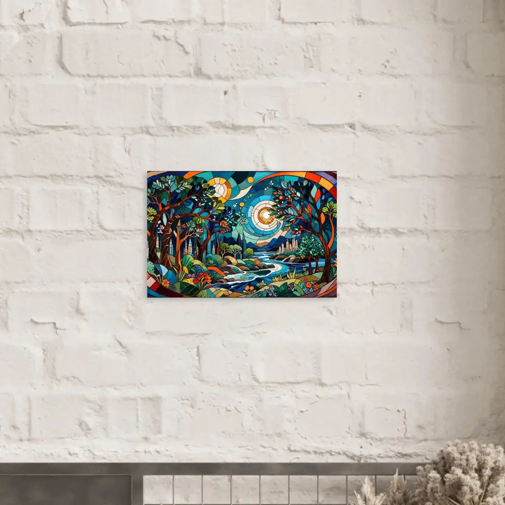 Colorful mosaic landscape painting aluminum print Stained Horizon PixiOnyx Lumensteel Series