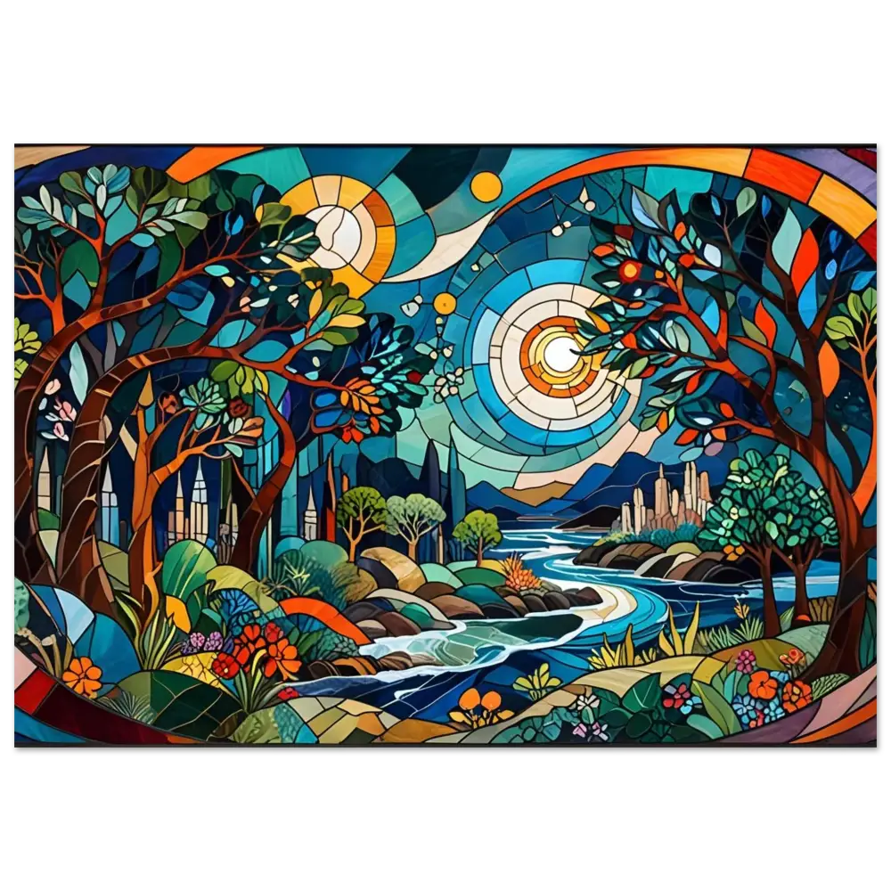 Colorful stained-glass landscape print from PixiOnyx Stained Horizon Aluminum Series