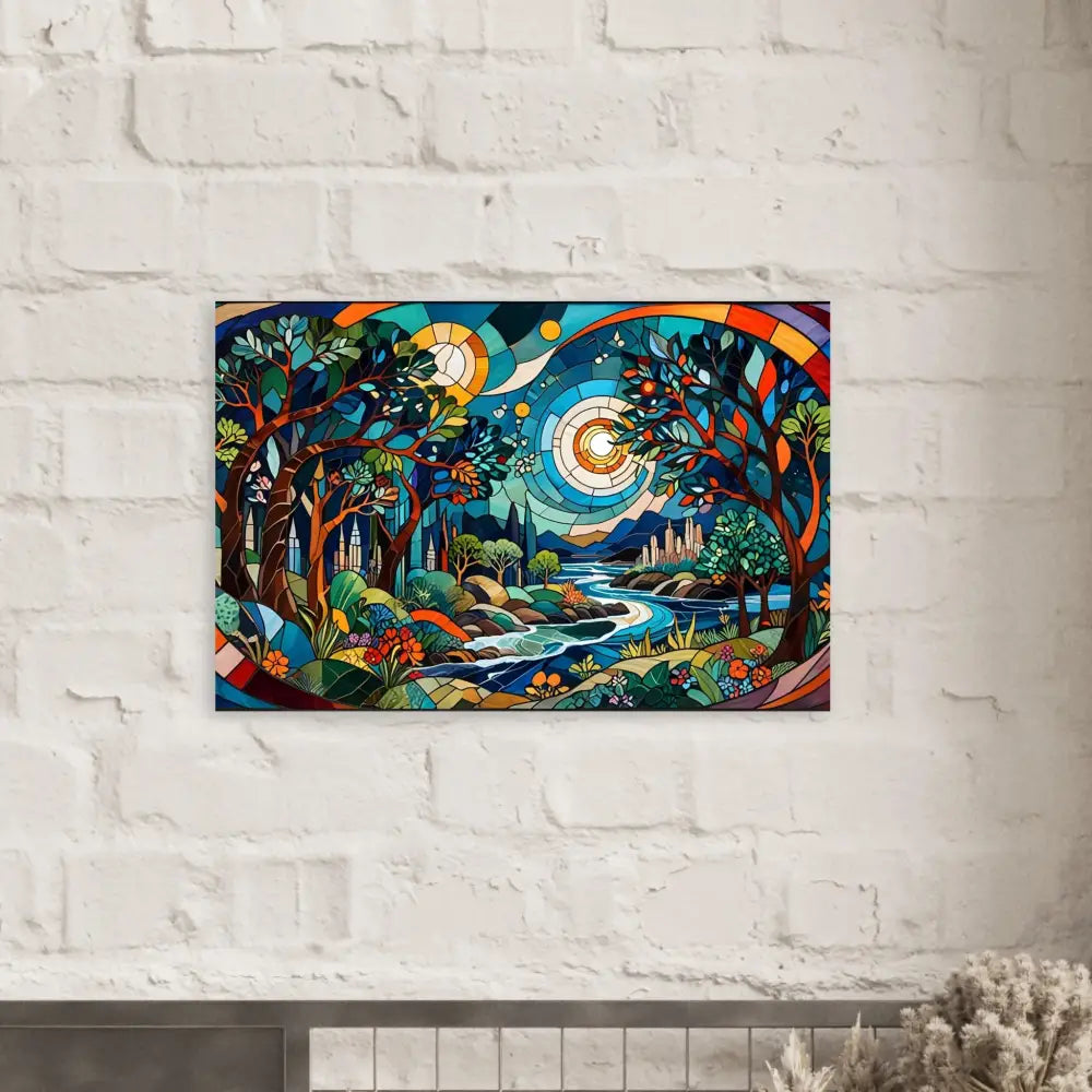 Colorful stained-glass landscape art on Aluminum Print Stained Horizon by PixiOnyx