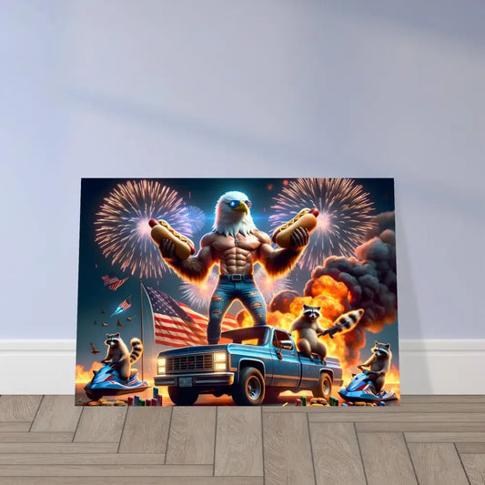 Humorous patriotic artwork Aluminum Print Stars Stripes Flaming Hot Dogs PixiOnyx Metallic