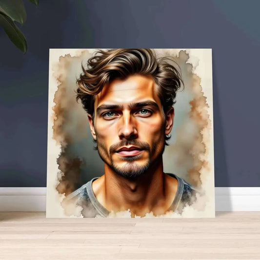 Framed portrait of man with brown wavy hair and short beard in PixiOnyx Luminous Edge Series Stormworn Resolve aluminum print