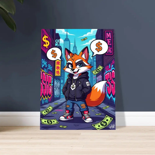 Cartoon fox in streetwear holding money for Aluminum Print Street Hustle Fox PixiOnyx Metal Vibes