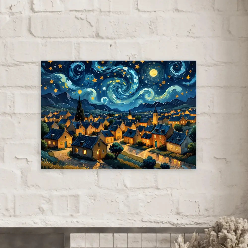 Aluminum Print Swirly Sky Village inspired by Starry Night style celestial artwork